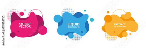 Set of abstract modern liquid forms and shapes with circles and dotted patterns. Fluid flat color design elements collection. Vector illustration.