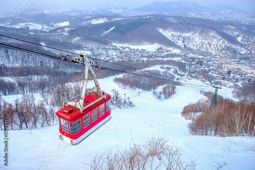 Tenguyama ropeway transport from the base of the mountain to the top of Tenguyama mountain in winter season, Otaru, Hokkaido