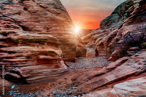 The mesmerizing red rock layers and formations of the desert landscape at the Valley of Fire State Park near Las Vegas, Nevada USA.