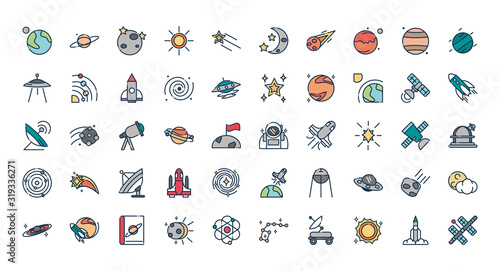 astronomy and space exploration observation science icons set