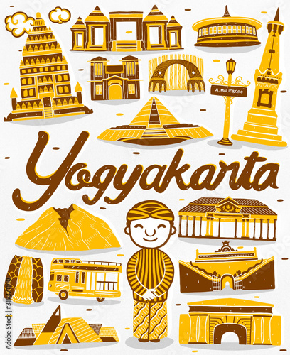 Illustration of seamless pattern Yogyakarta city landmark with flat illustration style.