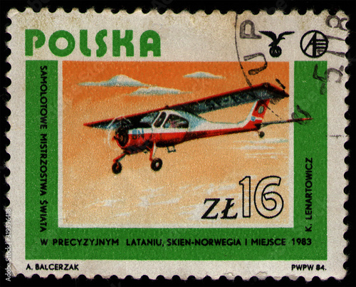 POLAND - CIRCA 1984: post stamp 16 Polish zloty printed by Republic of Poland, shows Wilga aircraft, aviation, 1983, circa 1984