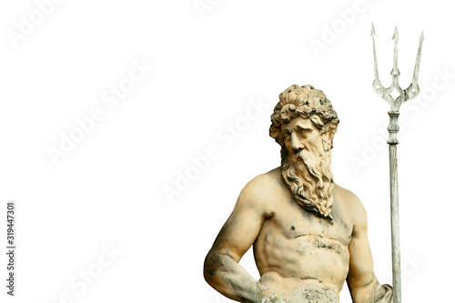 The mighty god of sea and oceans Neptune (Poseidon). The ancient statue isolated on white background.