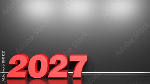 2027 red write at black glossy wall background - 3D rendering illustration