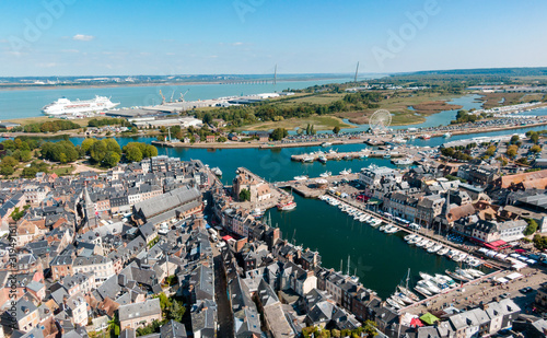 Aerial drone view on Honfleur, France some with famous places and architecture of the village