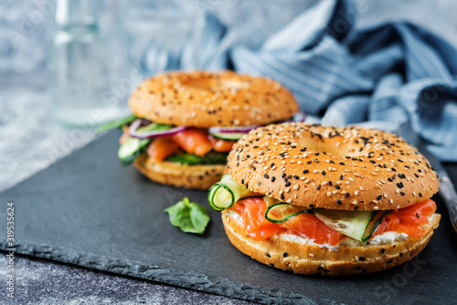 Smoked salmon ricotta cheese cucumber bagel