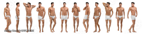 Collage of man in underwear on white background. Banner design