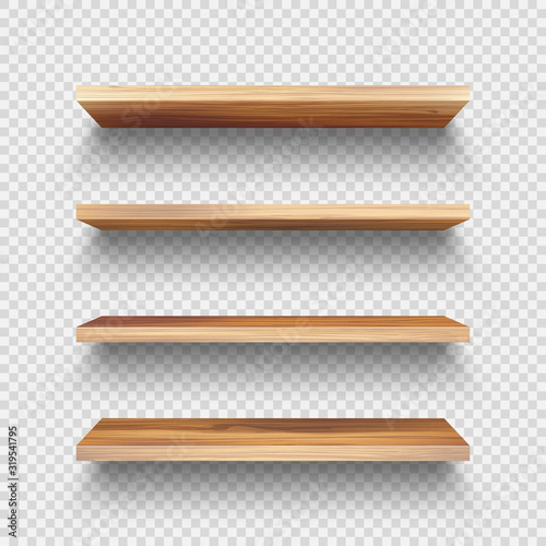 Realistic empty wooden store shelves set. Product shelf with wood texture. Grocery wall rack. Vector illustration.