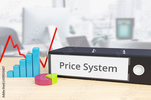 Price System – Finance/Economy. Folder on desk with label beside diagrams. Business/statistics. 3d rendering