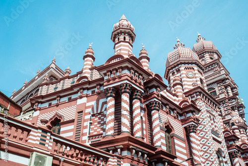 Beautiful architecture of Jami Ul-Alfar Mosque or the Red Mosque an iconic and most popular historic mosque in Colombo, Sri Lanka. It was built in 1908 and is one of the landmarks in Colombo.