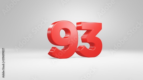 Number 93 in red on white background, isolated glossy number 3d render
