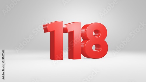 Number 118 in red on white background, isolated glossy number 3d render