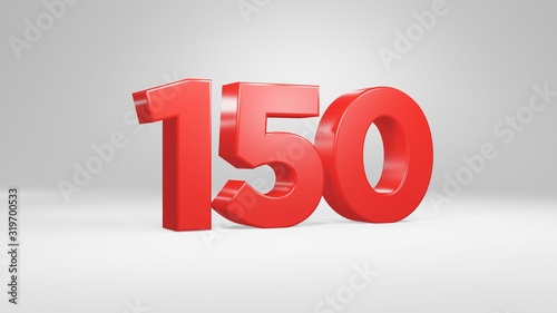 Number 150 in red on white background, isolated glossy number 3d render