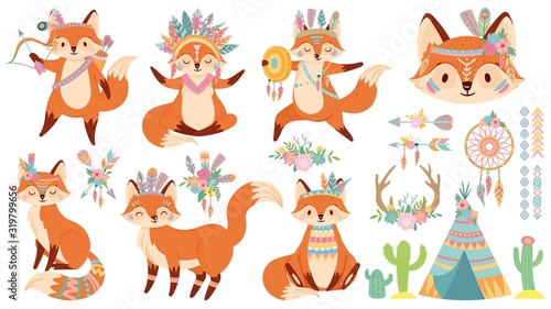 Tribal fox. Cute foxes, indian feather warbonnet and wild animal cartoon vector illustration set. Funny happy character and traditional native American items - tipi, dreamcatcher, bow and arrows.