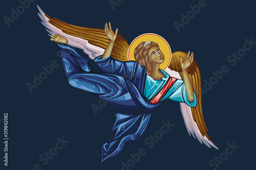 Drawn Archangel. Illustration in Byzantine style on dark blue background