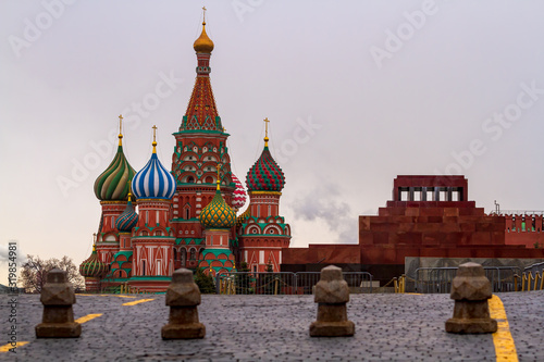 Moscow, Russia - March 22, 2019: Saint Basil's Cathedral and Lenin's Mausoleum on Red Square. Сity of Moscow, the capital of Russia.