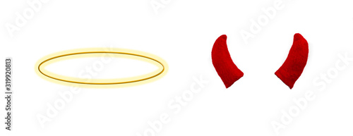 golden glowing halo and red horns isolated on white, good and bad, positive and negative, judgement 