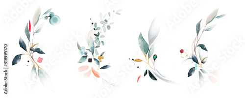  watercolor arrangements with leaves, herbs. herbal illustration. Botanic composition for wedding, greeting card.