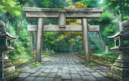 Torii forest - Day , Anime background , Illustration.