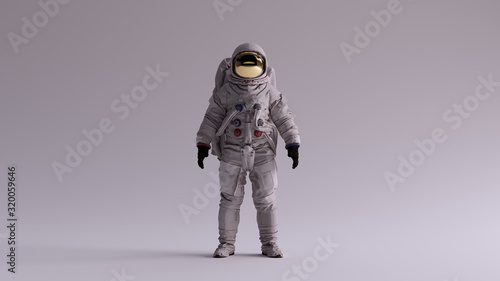 Astronaut with Gold Visor and White Spacesuit With Light Grey Background with Neutral Diffused Side Lighting Front View 3d illustration 3d render