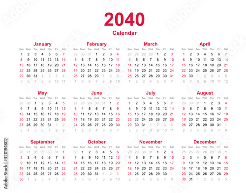 Calendar 2040 - 12 months yearly vector calendar - calendar planner template