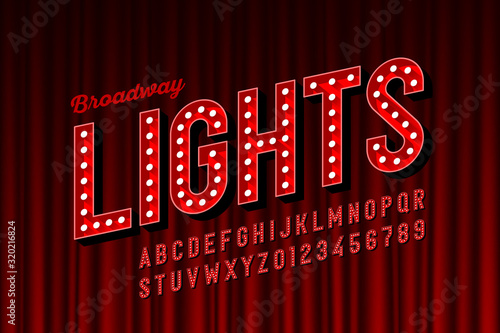 Broadway lights retro style font with light bulbs, vintage alphabet letters and numbers