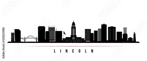 Lincoln skyline horizontal banner. Black and white silhouette of Lincoln, Nebraska. Vector template for your design.