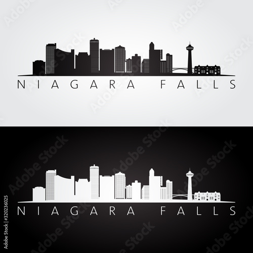 Niagara Falls skyline and landmarks silhouette, black and white design, vector illustration.
