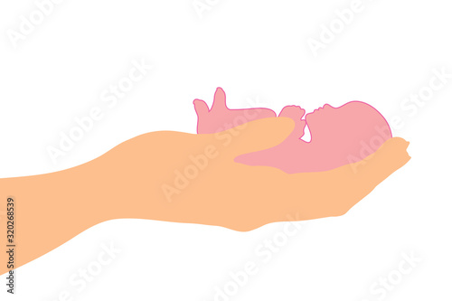Vector illustration of fetus with hands protection symbol on white background. Sign of abortion and premature birth.