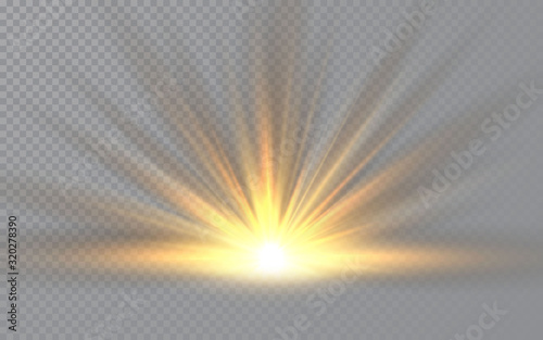 Sunrise. Sunlight special lens flash light effect on transparent background. Effect of blurring light. Vector Illustration