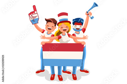 Luxembourgish people Crowd of persons celebrate national day of Luxembourg with a flag. Luxembourgish people celebrating a football team. Soccer symbol and victory celebration. Sports cartoon symbolic