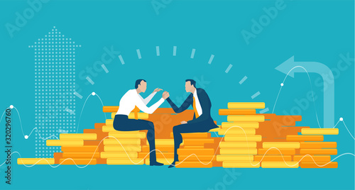 Two business man fighting with Arm wrestling. Business people sitting on pile of golden coins and negotiating the deal. Business concept illustration