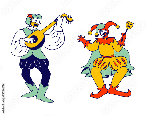Medieval Characters Minstrel and Buffoon Isolated on White Background. Funny Carnival Show or Fairy Tale Personages, Ancient Fair Market Comic Persons, Cartoon Flat Vector Illustration, Line Art