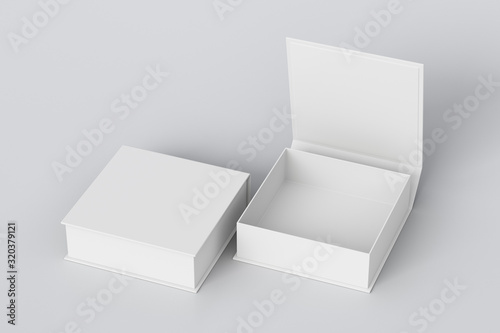 Blank white flat square gift box with open and closed hinged flap lid on white background. Clipping path around box mock up. 3d illustration