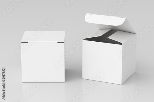 Blank white cube gift box with open and closed hinged flap lid on white background. Clipping path around box mock up. 3d illustration