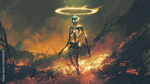 horror character of demon skeleton with fire flames in hellfire, digital art style, illustration painting