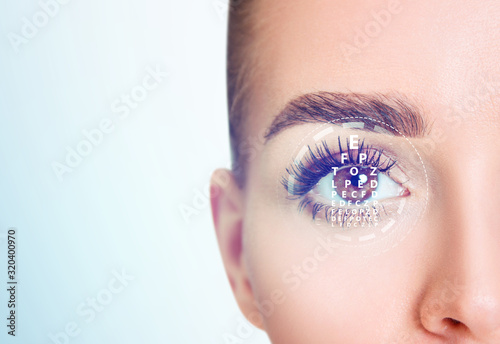 Woman eye and eyechart in scanning circle closeup.