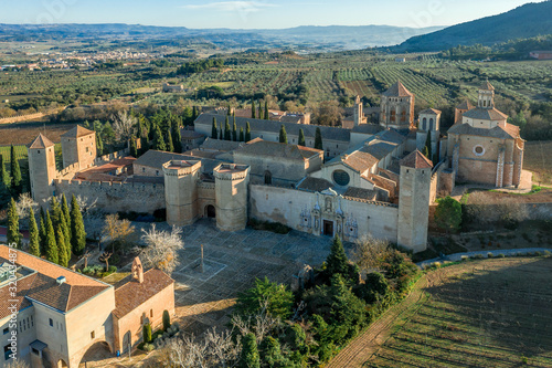 Aerial view of the Royal Abbey of Santa Maria de Poblet a Cistercian fortified monastery, founded in 1151 in Catalonia Spain