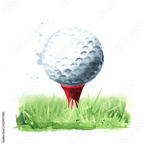 Golf ball. Hand drawn watercolor illustration, isolated on white background