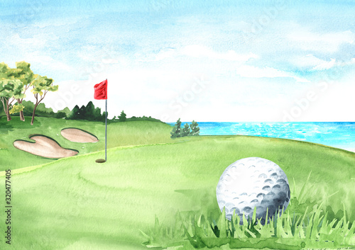 Golf ball and flag on Beautiful golf course with green field with a rich turf, Hand drawn watercolor illustration and background