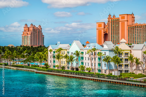 Colorful houses along the waterfront at the ferry terminal of Paradise Island, Nassau, Bahamas.