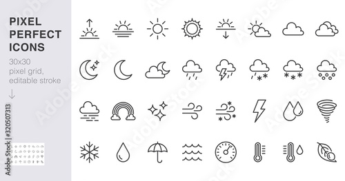 Weather line icons set. Sun, rain, thunder storm, dew, wind, snow cloud, night sky minimal vector illustrations. Simple flat outline signs for web, forecast app. 30x30 Pixel Perfect. Editable Strokes