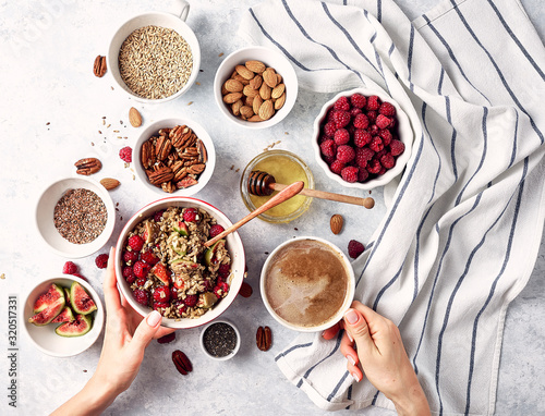 healthy breakfast oatmeal with raspberries, figs, chia and flax