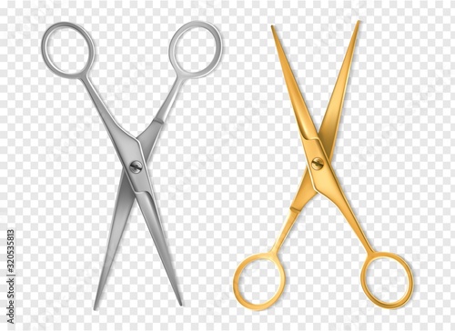 Realistic scissors. Silver and gold metal classic scissors tool mockup, hairdresser or tailor instrument isolated vector set