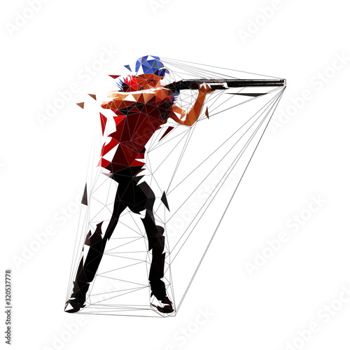Trap shooting, aiming athlete with gun, isolated low polygonal vector illustration