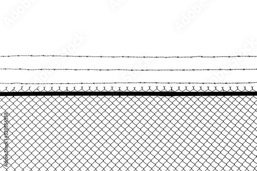 Metal fence with barbed wire isolated on a white background