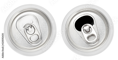 Top view of closed and opened aluminium cans, isolated on white background