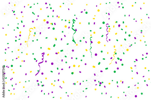 Bright abstract dot mardi gras pattern on white background. Vector illustration for holiday design. Carnival festival colorful bead backdrop, border, frame. Light yellow, green, purple color confetti.