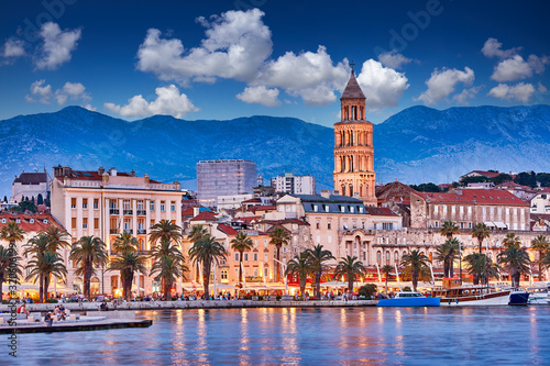 Split, Croatia. View of Split - the second largest city of Croatia at night. Shore of the Adriatic Sea and famous Palace of the Emperor Diocletian. Traveling concept. Mediterranean countries.