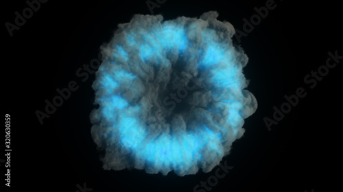 Abstract portal in thick puffs of smoke on an isolated black background. Glowing blue neon light in the smoke. 3d illustration